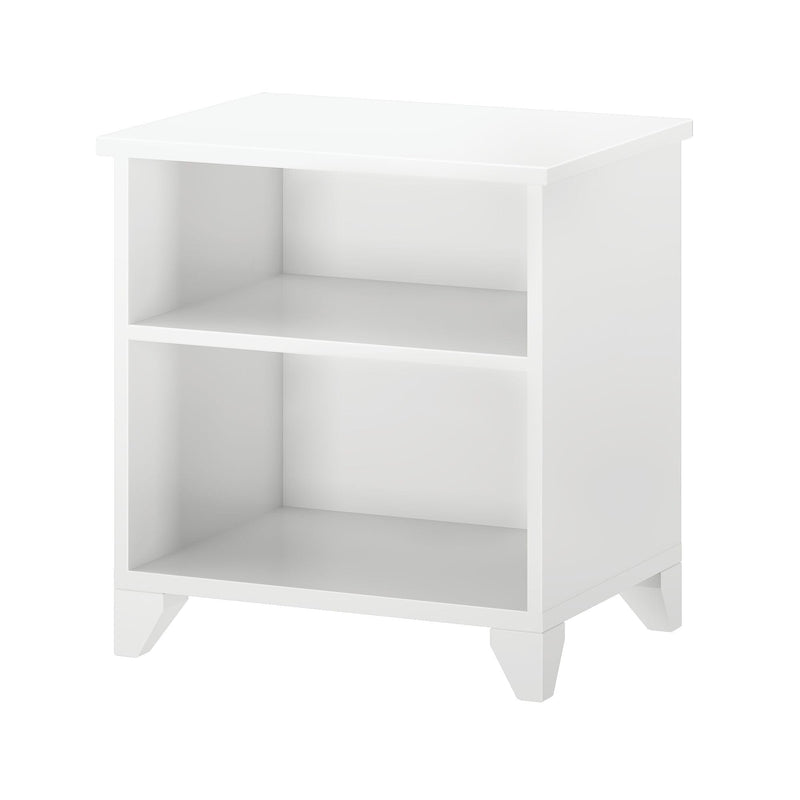 White wooden bedside table with two shelves for bedroom storage.