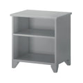 Gray wooden bedside table with two shelves, modern minimalist nightstand for bedroom storage.