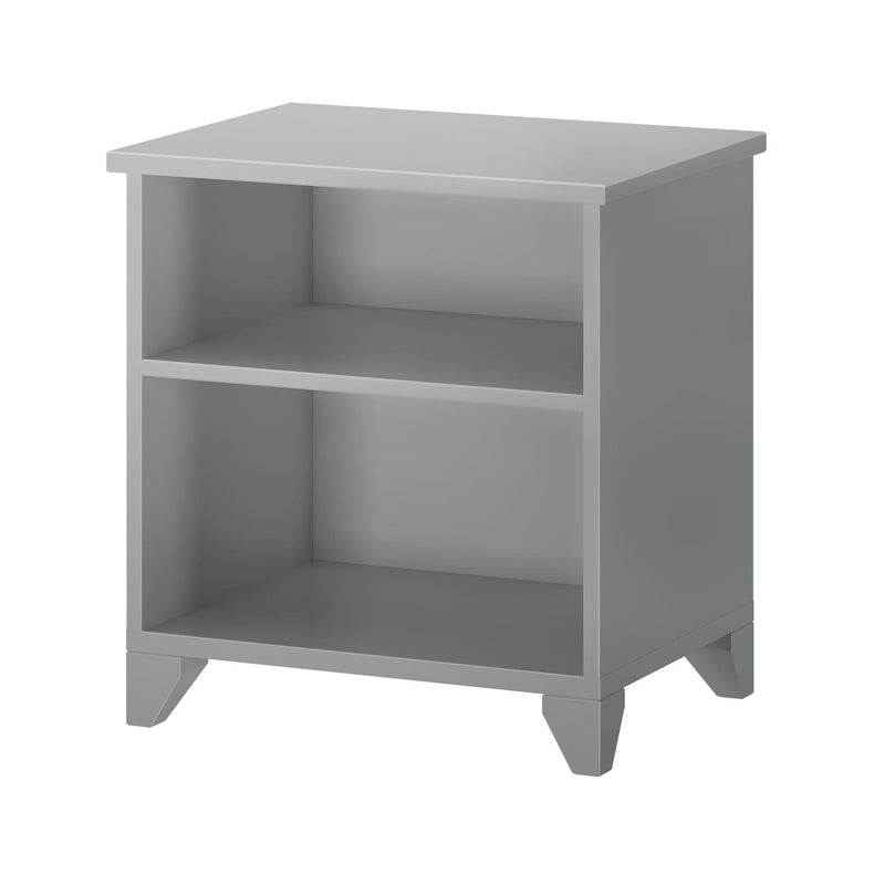 Gray wooden bedside table with two shelves, modern minimalist nightstand for bedroom storage.