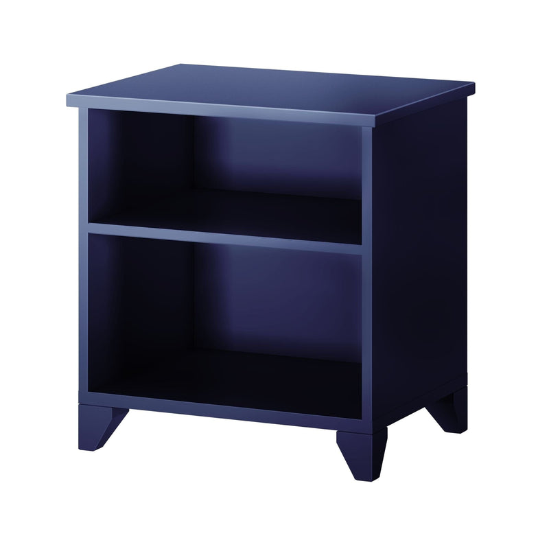 Dark blue bedside table with two open shelves, perfect for modern bedroom storage.