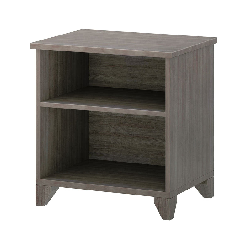 Grey wooden nightstand with two open shelves for bedroom storage.