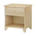 Natural wood nightstand with single drawer and open bottom shelf.