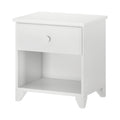 White wooden nightstand with single drawer and open shelf, modern bedroom furniture.