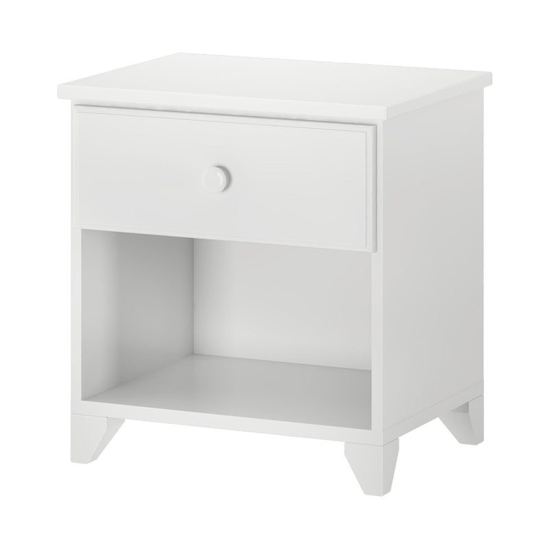 White wooden nightstand with single drawer and open shelf, modern bedroom furniture.