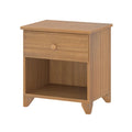 Wooden nightstand with a drawer and open shelf for bedroom storage.