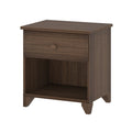 Wooden nightstand with a drawer and open shelf for bedroom storage.