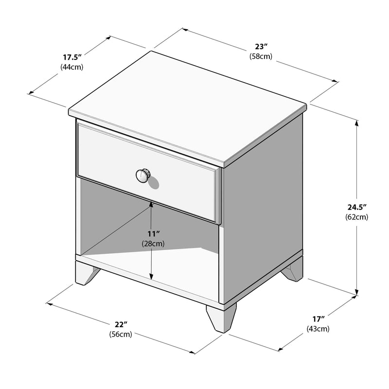 Dimensions of a wooden nightstand with drawer and open shelf, measuring 23 inches wide, 24.5 inches high, 17.5 inches deep.