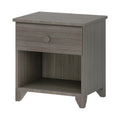Gray wooden nightstand with single drawer and open shelf, modern bedroom furniture.
