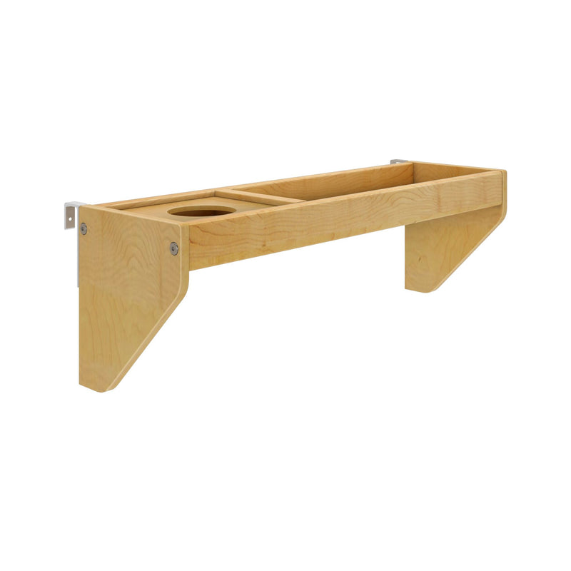 Wooden wall-mounted shelf bracket with drink holder and natural finish for home organization.