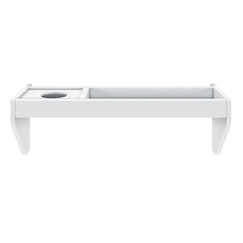 White bathtub caddy tray with built-in wine glass holder and storage compartment — bath tray organizer for books, tablets, and drinks
