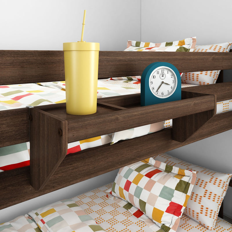 Wooden bunk bed bedside shelf organizer with yellow straw cup, blue alarm clock and colorful checkered kids bedding