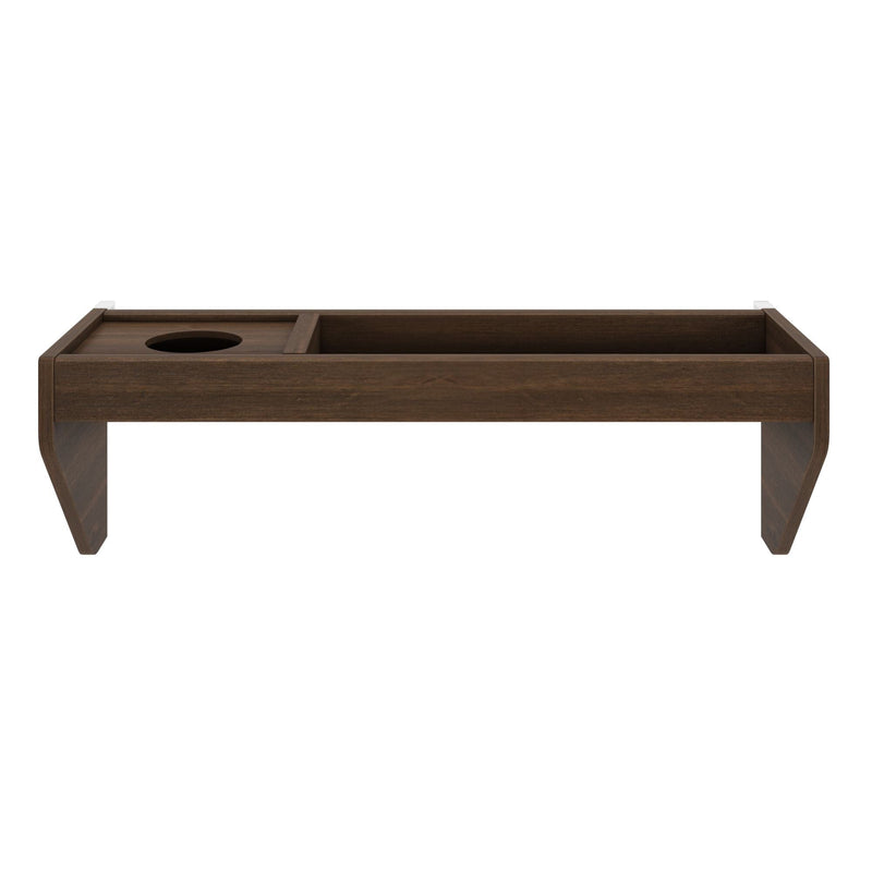 Dark walnut wooden lap tray with integrated cup holder and storage compartment, modern bed tray and sofa lap desk for bedroom or living room