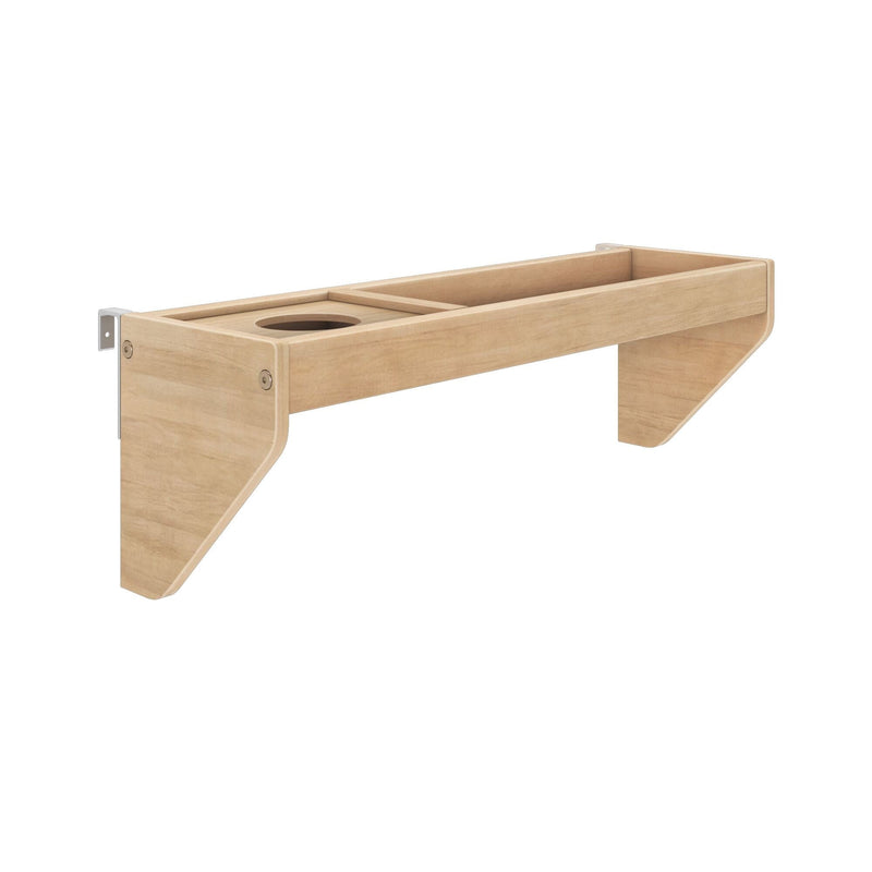 Wall-mounted floating light wood shelf with integrated cup holder and storage compartment, space-saving organizer for home and office