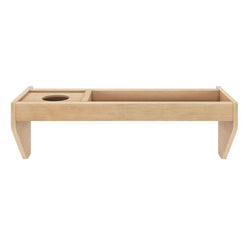 Wooden table with built-in planter and storage sections, minimalist design.