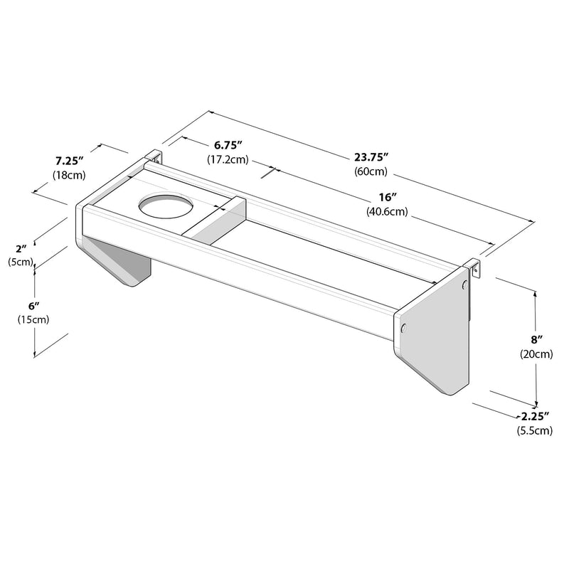 Isometric technical drawing of a wall-mounted floating shelf with side brackets and circular cup cutout, annotated with dimensions in inches and centimeters (23.75" / 60 cm length, 7.25" / 18 cm width, 8" / 20 cm height, 16" / 40.6 cm interior) showing mounting brackets and support cleat
