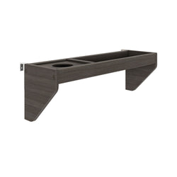 Dark gray wood-grain floating wall-mounted shelf with integrated cup holder and small storage compartment, modern bedside or sofa-arm table