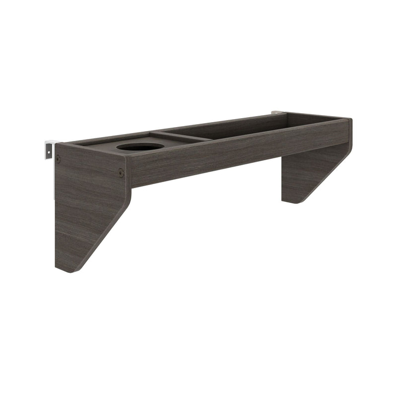 Dark gray wood-grain floating wall-mounted shelf with integrated cup holder and small storage compartment, modern bedside or sofa-arm table