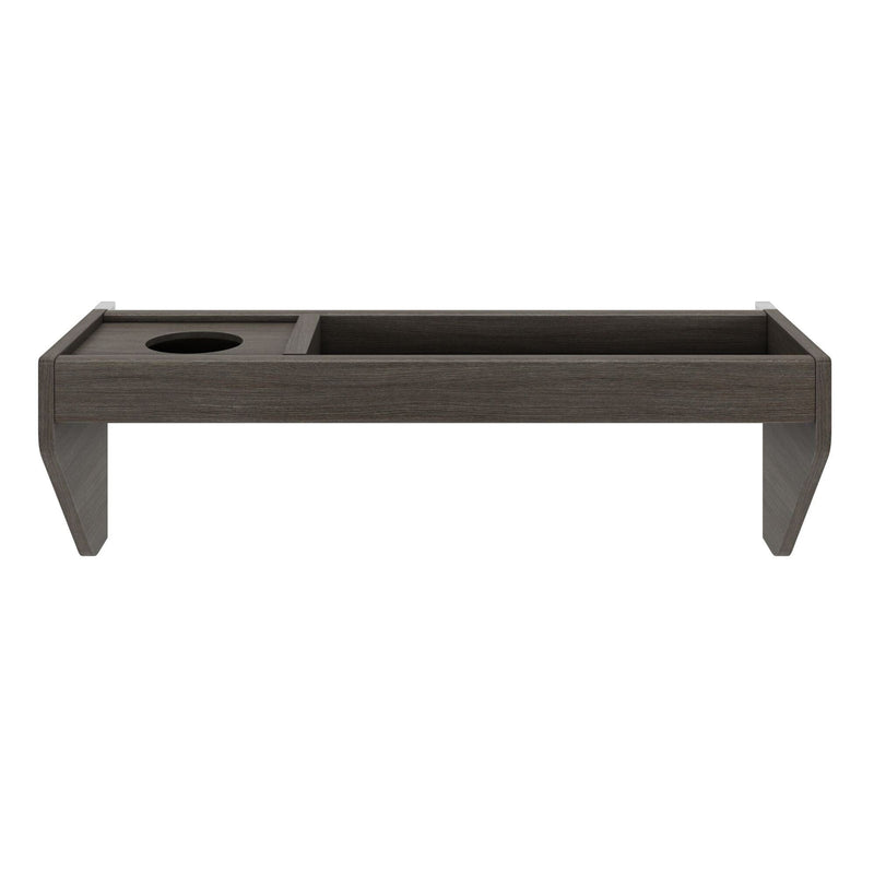 Dark gray wood sofa armrest tray with built-in cup holder and rectangular storage compartment, modern living room armrest caddy for couch or loveseat