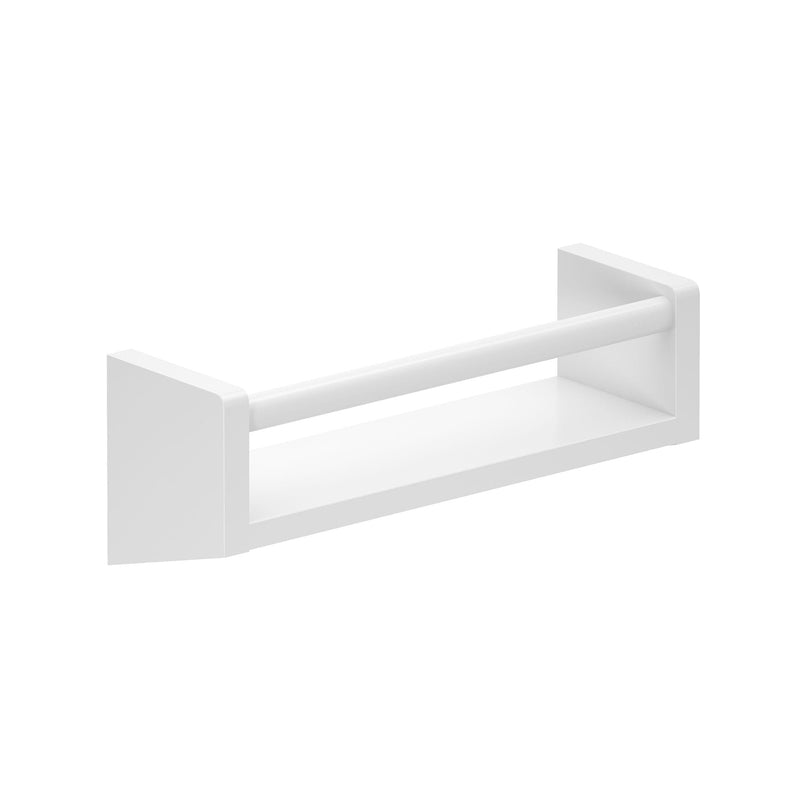 White wall-mounted toilet paper holder with modern design.