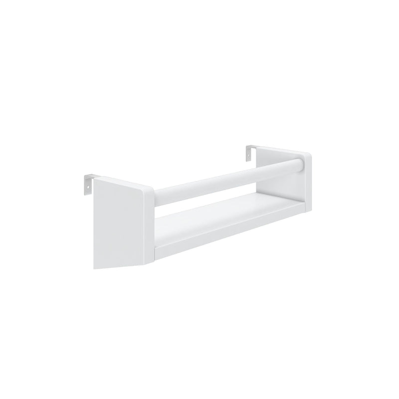 White wall-mounted rail with shelf attachment for bathroom or kitchen storage.