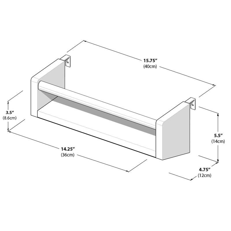 Wall-mounted shelf dimensions diagram, showcasing measurements in inches and centimeters for height, width, and depth.