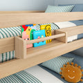 Wooden bunk bed with built-in bookshelf and colorful children's books for bedroom organization.