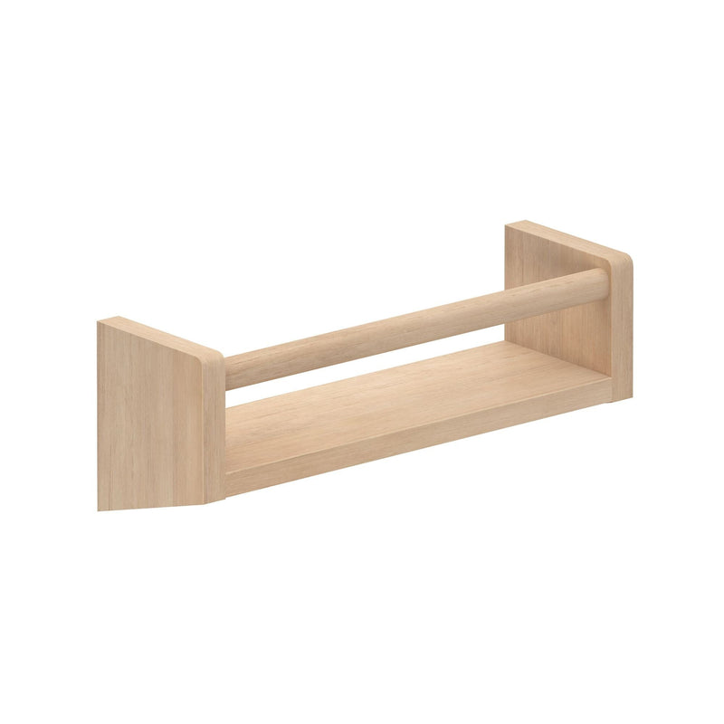 Wooden wall-mounted shelf with towel bar for bathroom organization.
