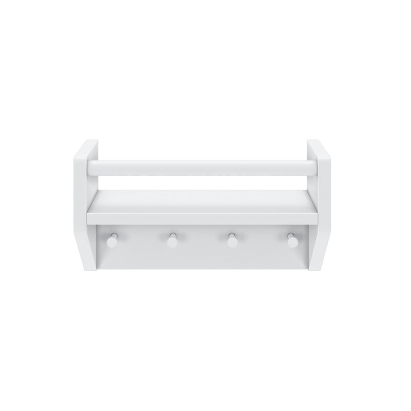 White wooden wall-mounted storage shelf with hooks for home organization.