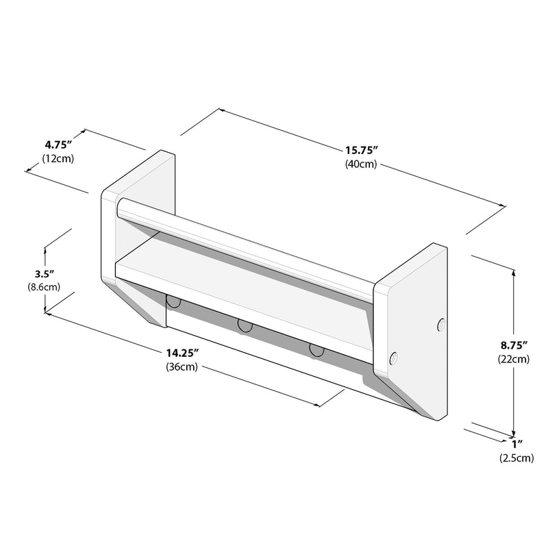 Wall-mounted bathroom shelf with towel bar, dimensions 15.75 inches by 8.75 inches by 4.75 inches, ideal for bathroom organization and storage.