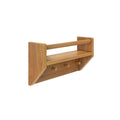 Wooden wall shelf with railing and peg hooks for home organization.
