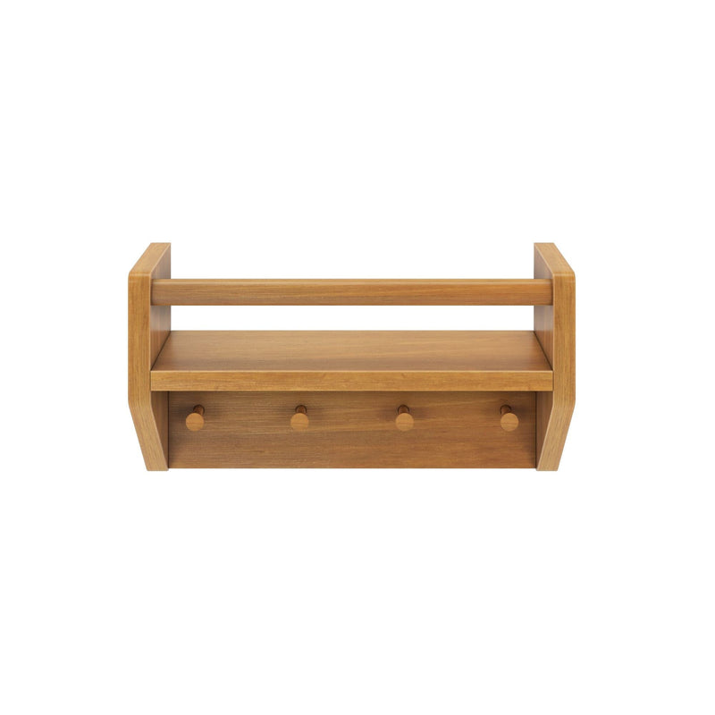 Wooden wall-mounted shelf with three hooks, ideal for home organization and storage solutions.