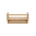 Wooden wall shelf with hooks for storage and organization.