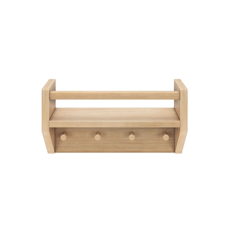 Wooden wall shelf with hooks for storage and organization.