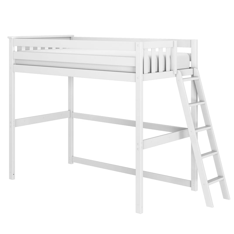 White wooden twin loft bed frame with guardrails and angled ladder, space-saving kids loft bed for small bedrooms