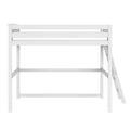 White wooden loft bed frame with safety railings and angled ladder, modern twin mattress platform