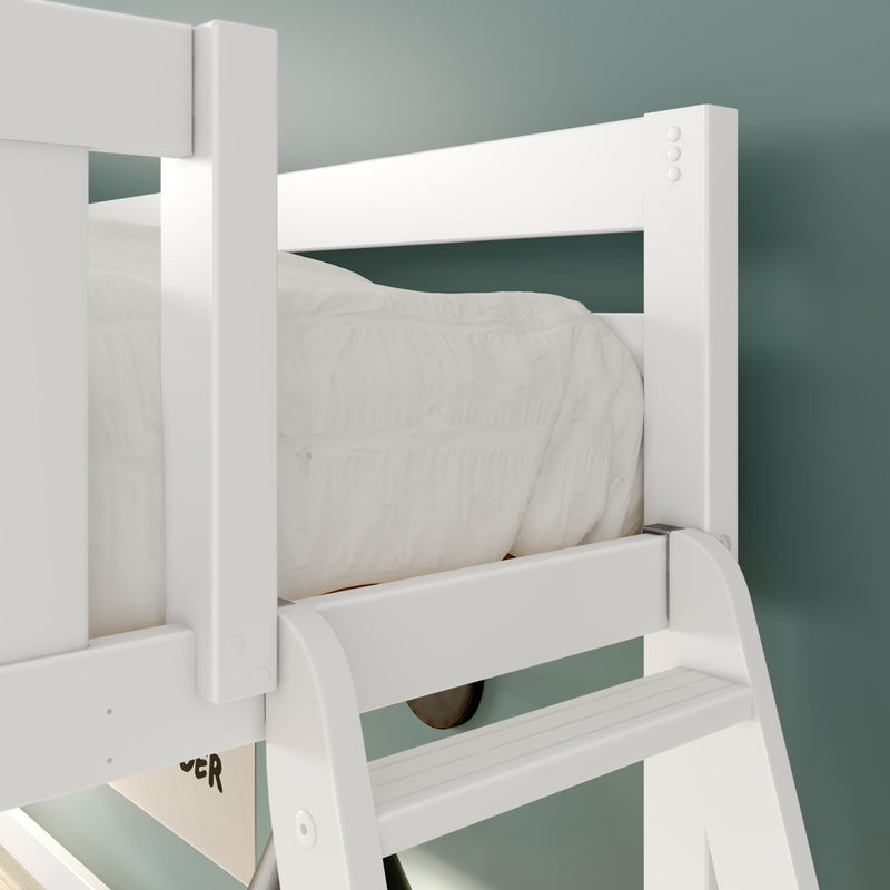 White wooden loft bed with ladder and safety rail, white mattress and bedding against teal wall — modern space-saving kids bedroom furniture