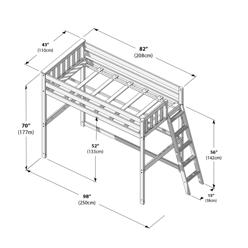 Technical diagram of a wooden twin loft bed with ladder and guardrails showing labeled dimensions in inches and centimeters (98" / 250cm length, 43" / 110cm width, 70" / 177cm height, 82" / 208cm mattress length)