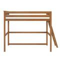 Natural oak loft bed frame with ladder and horizontal guardrails, minimalist solid wood loft bed for small bedrooms