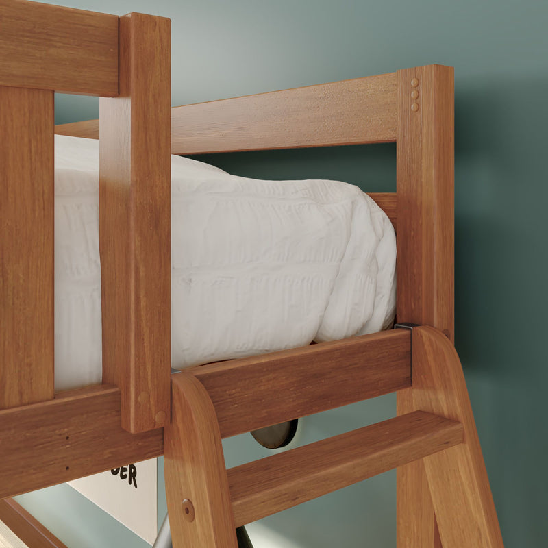 Close-up of solid wood bunk bed ladder and side rail with white bedding against a teal bedroom wall, modern wooden bunk bed detail