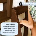 Wooden bunk bed ladder with grooved no‑slip steps, angled design and secure hook attachment, 200 lb weight capacity, child climbing barefoot