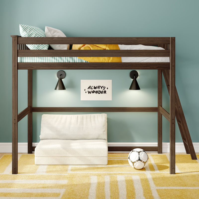 Children's wooden loft bunk bed in modern kids' bedroom with teal accent wall, striped pillows, yellow throw blanket, wall sconces, cozy reading chair and soccer ball