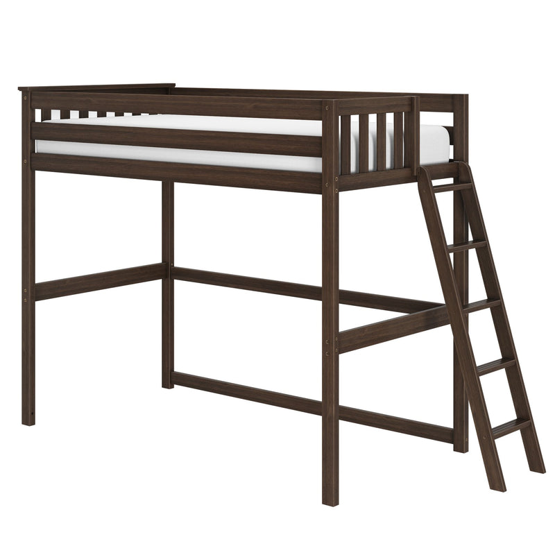 Dark brown wooden loft bed frame with ladder and slatted guardrails, twin loft bed for space-saving under-bed storage