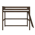 Dark brown wooden loft bed frame with ladder and slatted guardrail, space-saving elevated platform bed for kids and teens