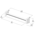 Wall-mounted shelf dimensions diagram showing width, height, and depth measurements in inches and centimeters.