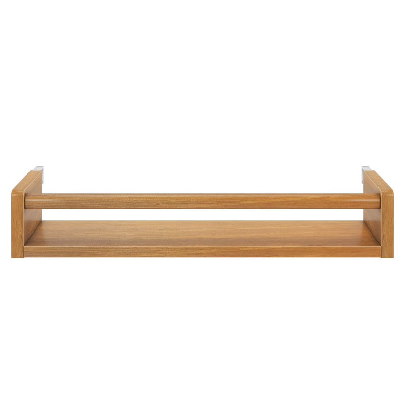 Wooden floating wall shelf with minimalist design for home organization.