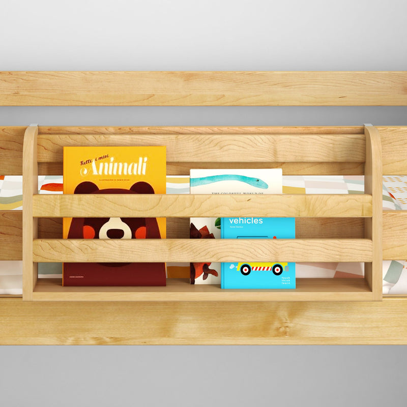 Wooden bed frame with a built-in bookshelf holding children's books.