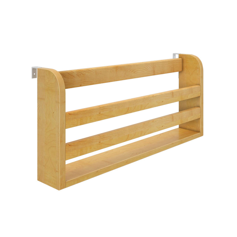 Wooden wall-mounted 3-tier maple spice rack and kitchen shelf with three horizontal slats, lower display shelf, and metal mounting brackets