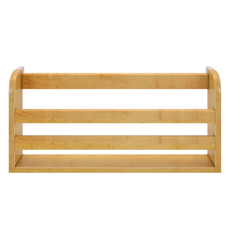 Wooden wall-mounted shelf with three horizontal slats for storage and organization.