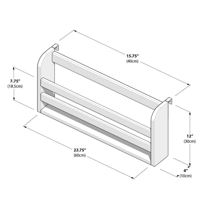Wall-mounted spice rack dimensions diagram with measurements in inches and centimeters, showcasing a sleek, space-saving design perfect for kitchen organization.