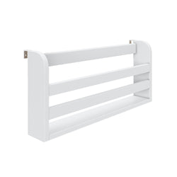 White wall-mounted nursery bookshelf for children's room storage.